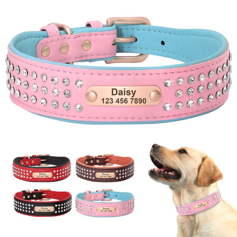 Beirui Leather Dog Collar With Rhinestones_voghion.com