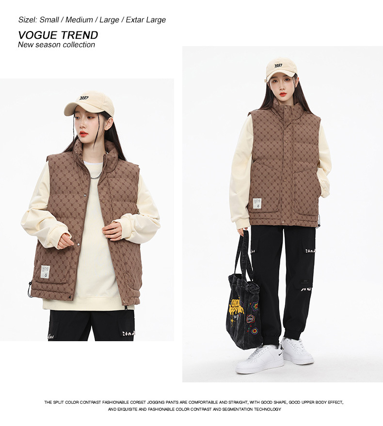 Damenmode-Paar trägt ärmellose Weste, lockere Außenkleidung, Modemarke und warmen Baumwollmantel_voghion.com