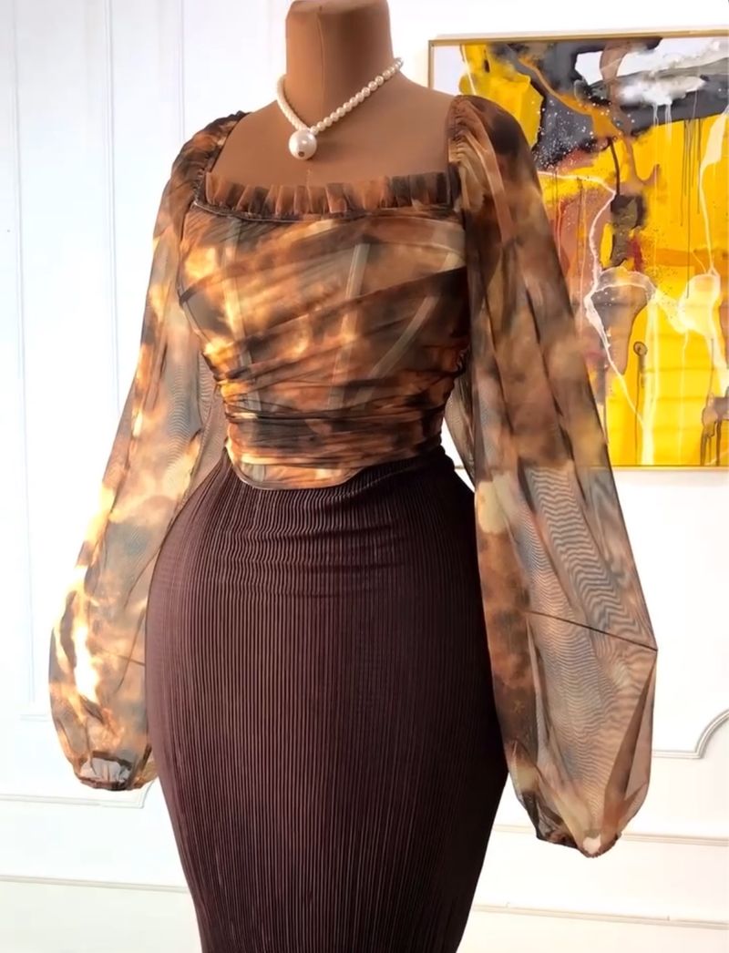 Abbigliamento donna primavera nuovo stile elegante colletto quadrato camicia manica a lanterna gonna a vita alta vestito due pezzi_voghion.com