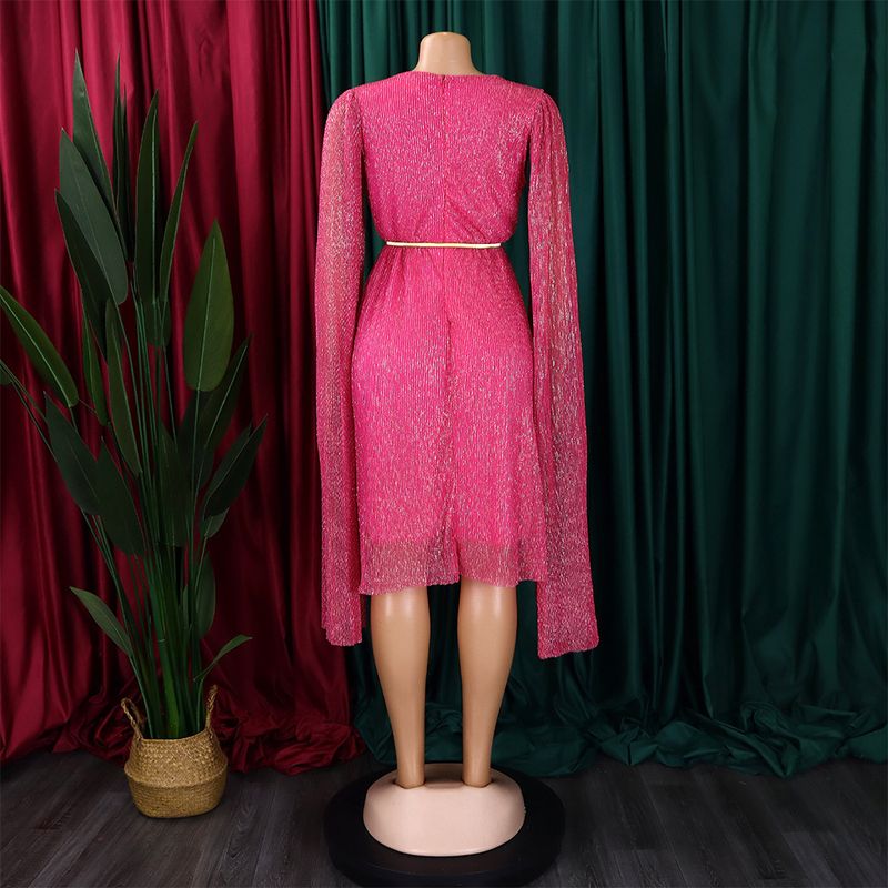 Damenbekleidung Neue V-Ausschnitt Temperament Langarm Cape Taille Kleid Rock_voghion.com