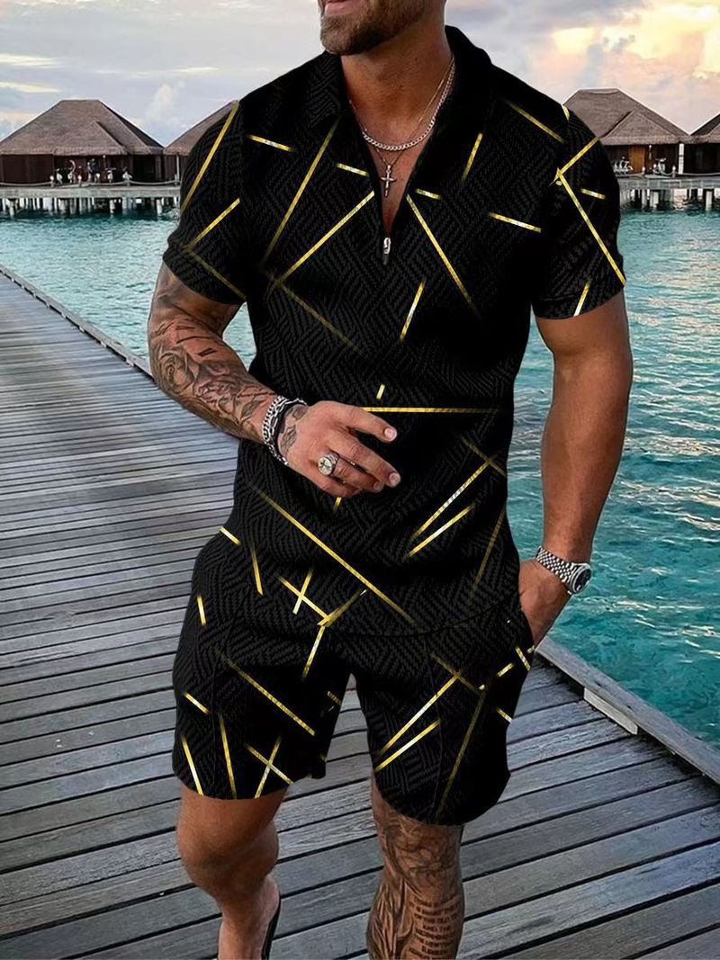 Set da 2 pezzi da uomo, motivo a pois rossi, comoda polo con zip alla moda e pantaloncini con coulisse in vita_voghion.com