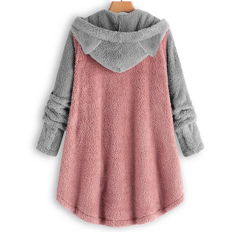 Women's Clothing Autumn And Winter Button Hooded Cat Ear Plush Top Irregular Trendy Brand Color Matching Jacket For Women_voghion.com