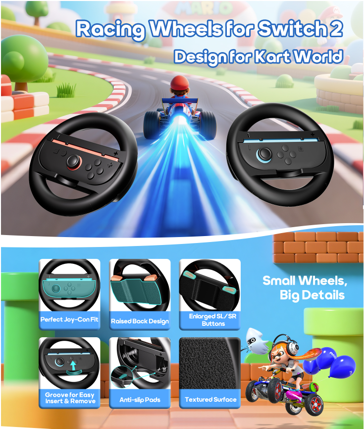 Racing Wheel (2PCS) – Joy-Con Steering Wheel , Switch 2 Accessories, Motion Control, Ergonomic Grip – Lightweight ABS Racing Game Controller_voghion.com