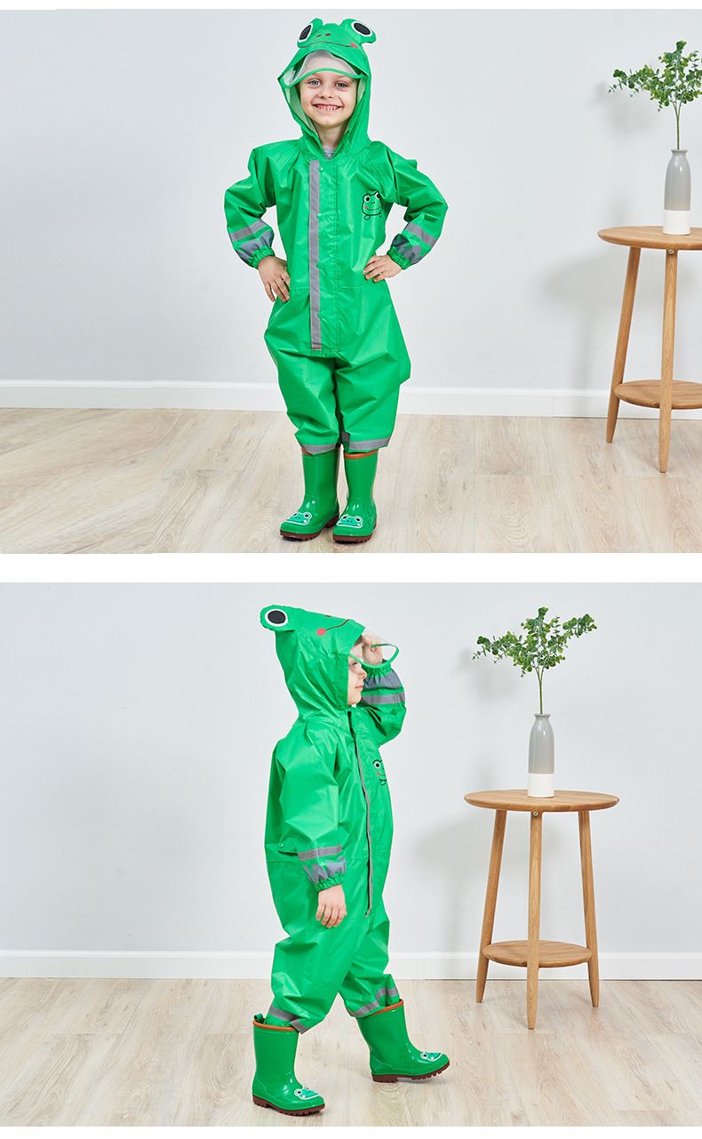 Cross-border three-dimensional boys and children's conjoined raincoat girls light hooded children's poncho reflective strip factory direct sales_voghion.com
