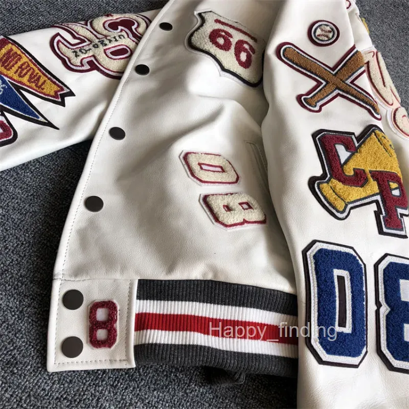 Giacche da uomo, uniformi da baseball, stile retrò Y2K, giacca in pelle, ricamo pesante, cappotto corto bianco_voghion.com