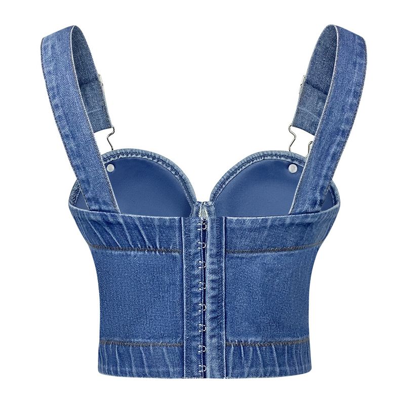 Women's Clothing Versatile Strap Button Slim Denim Tube Top Camisole New Style_voghion.com