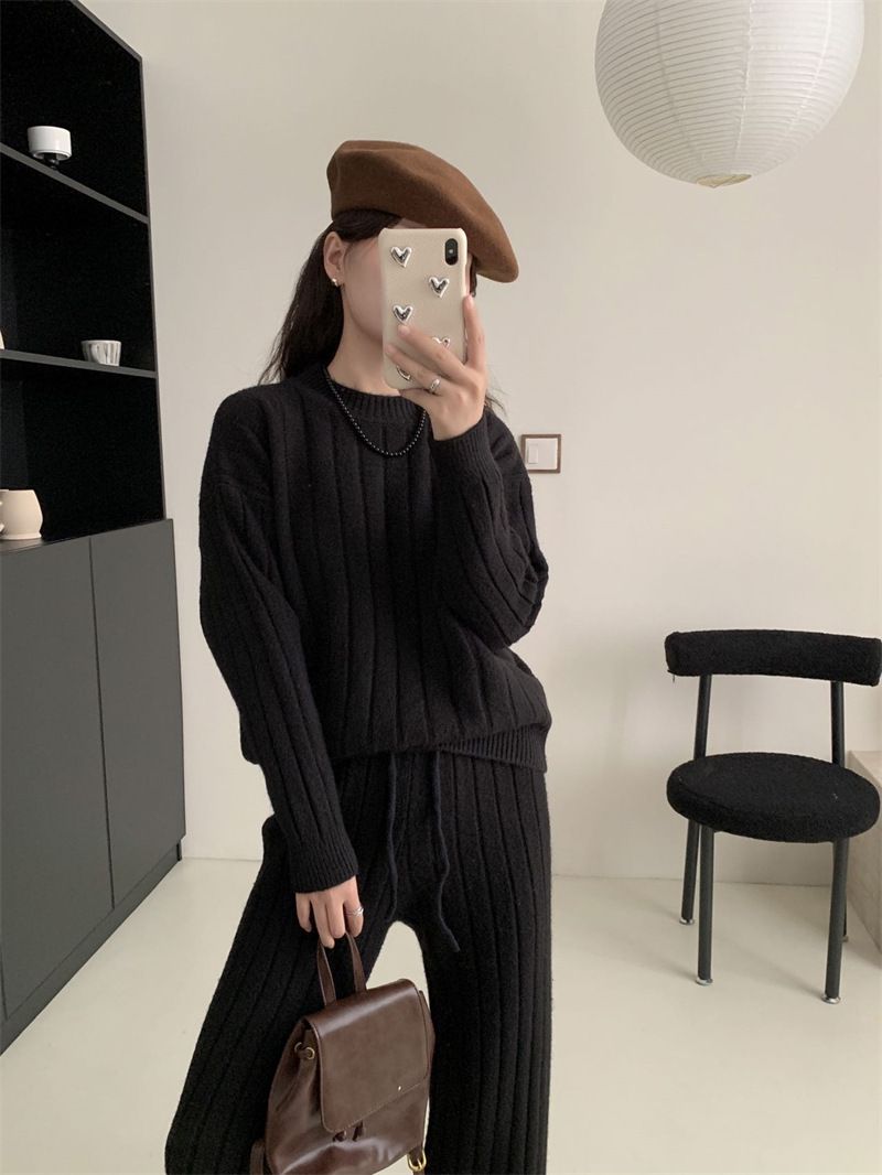 Plus Size Knit Sweater & Wide Leg Pants Set - Soft Ribbed Pullover & Flowy Lounge Trousers, Oversized Comfort Outfit For Women_voghion.com