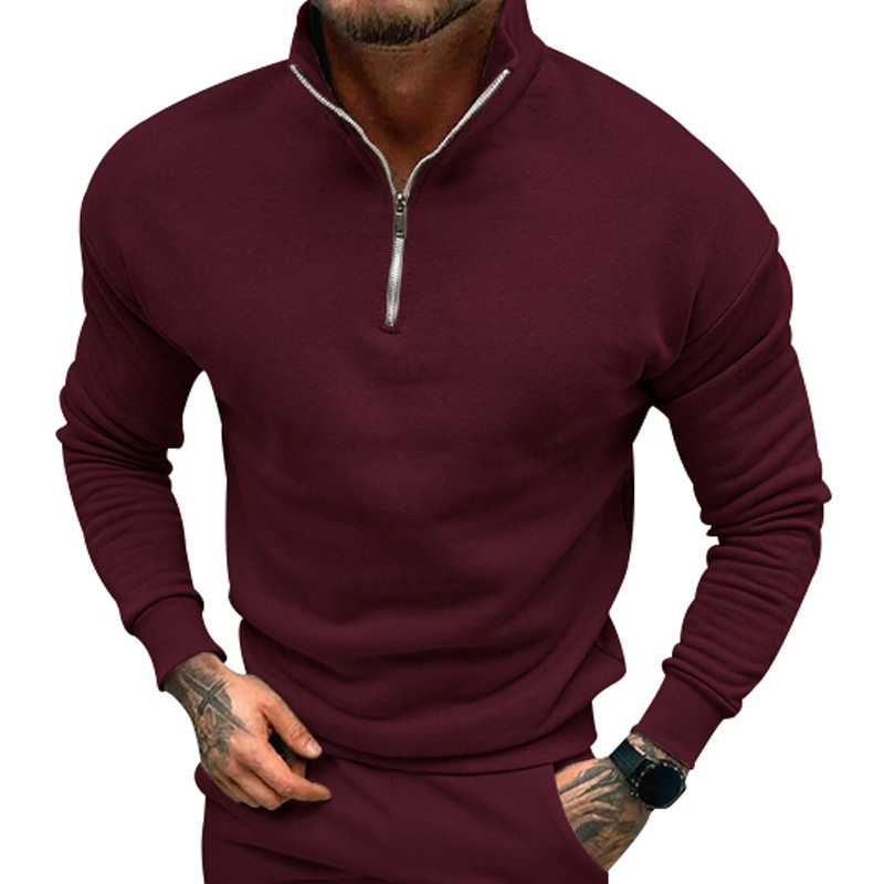 autumn and winter men's casual plus velvet solid color long-sleeved half-zipper POLO stand-up collar top men_voghion.com