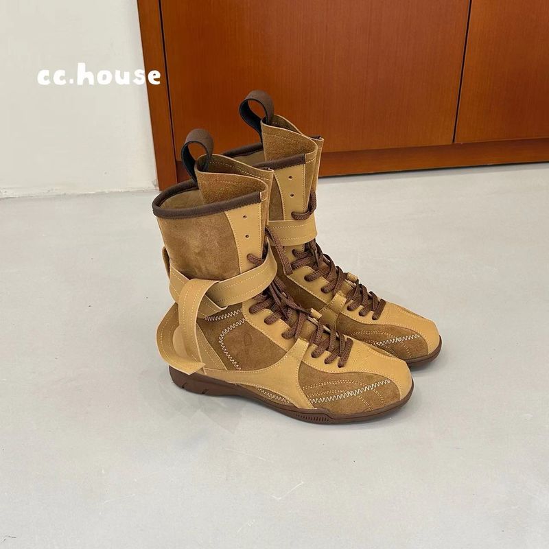 Women Boxing Boots 2025 Spring Height-Increasing Martin For Women, Brown Boxing Suede Round-Toe Lace-Up Sports Boots, Short Boots_voghion.com