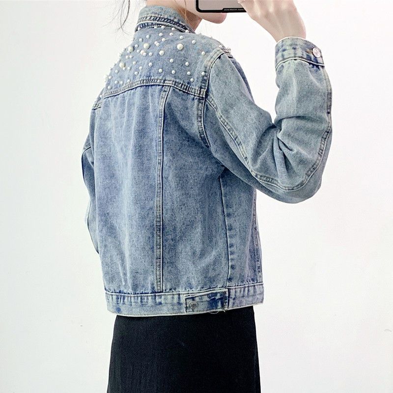 Distressed Denim Jacket Women's Casual Blazer With Rhinestone Embellishments, Light Blue Oversized Coat For Students & Plus Size_voghion.com