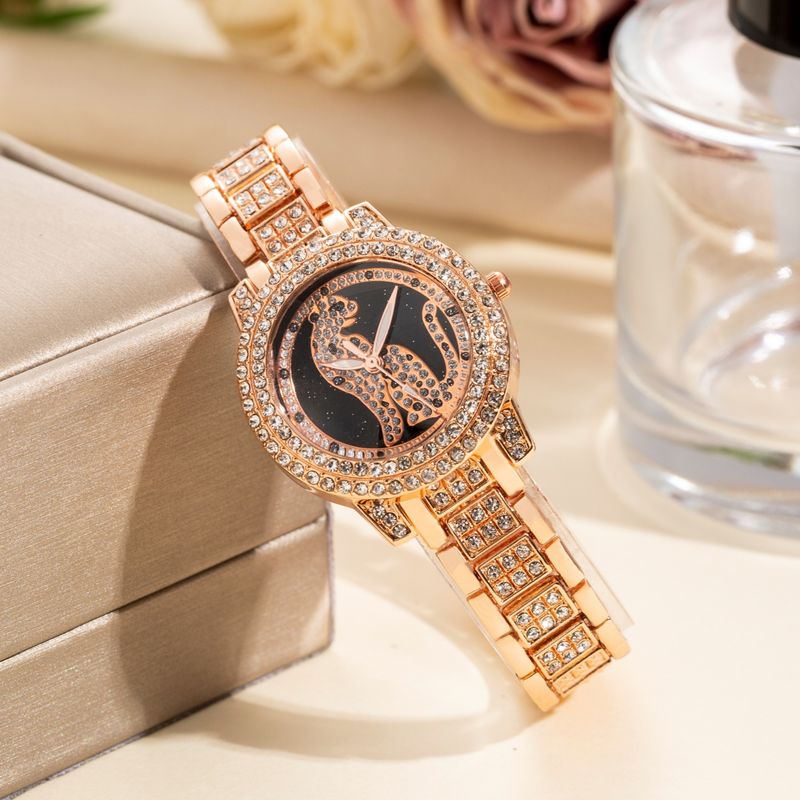 Set di orologi da donna AE, elegante e completo, con collana, bracciale e bacino intarsiati con diamanti e leopardo_voghion.com