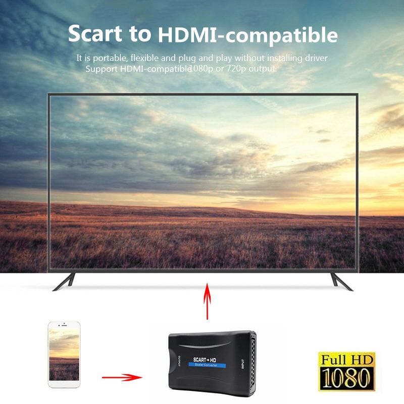 1080P SCART HDMI uyumlu Video Ses Dönüştürücü USB Kablolu HDTV Sky Box DVD Televizyon Sinyal Yükseltme Dönüştürücü_voghion.com