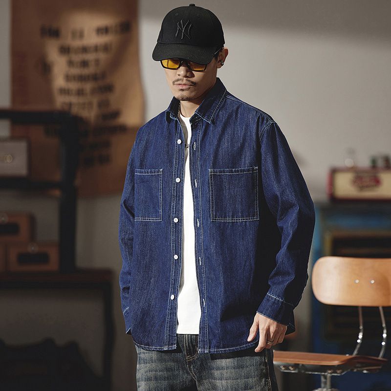 Chemise en jean pour homme, nouvelle collection printemps-été, ample et simple, style japonais, grande taille, couleur unie_voghion.com