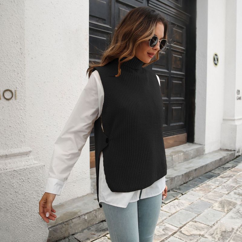 Pull deux pièces boutonné à col roulé pour femme, gilet, pull_voghion.com