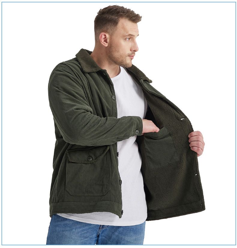 "Herrenjacke aus Cord und Lammfell mit Revers – Plüschiger, dicker Mantel in großer Größe (Schwarz/Grün/Hellbraun, S-XXL)"_voghion.com