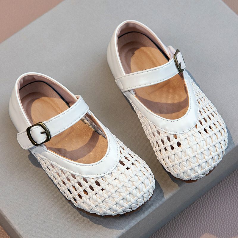 2025 Sommer Neue Hohl Mary Jane Flach Gewebt Atmungsaktive Prinzessin Kleine Mädchen Halb Sandalen_voghion.com