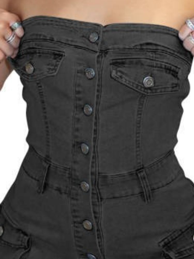 K Nuova salopette in denim con body elasticizzato senza spalline;_voghion.com