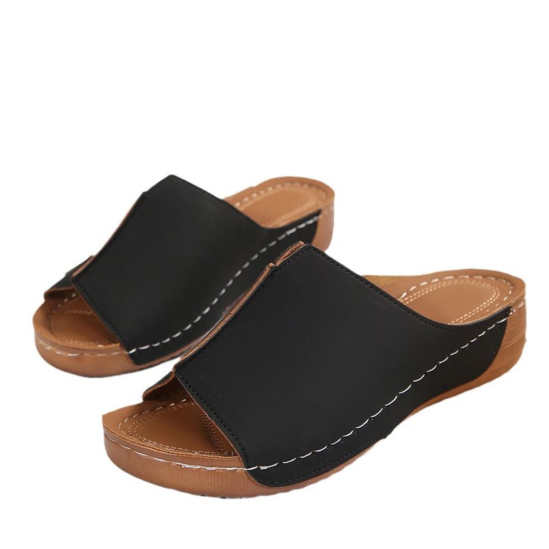 Slope Thick Soled Women, Plus Size Round Toe Casual One Foot Kick, Solid Color Slope Heel Cool Slippers For Women's_voghion.com