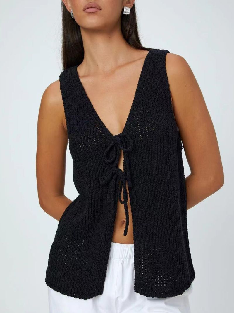Gilet d'été sexy en tricot à col en V pour femme, ouvert sur le devant, sans manches, noué à la taille, en polyester doux, décontracté et élégant, S/M/L (noir, beige)_voghion.com