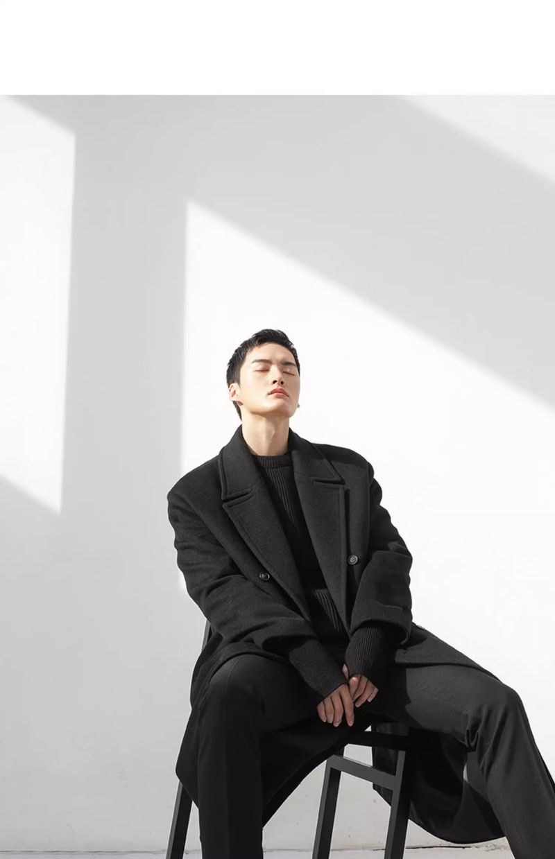 Hue Hue Trench Double-Breasted Black Mid-Length Coat Men's Autumn Winter Woolen Jacket_voghion.com