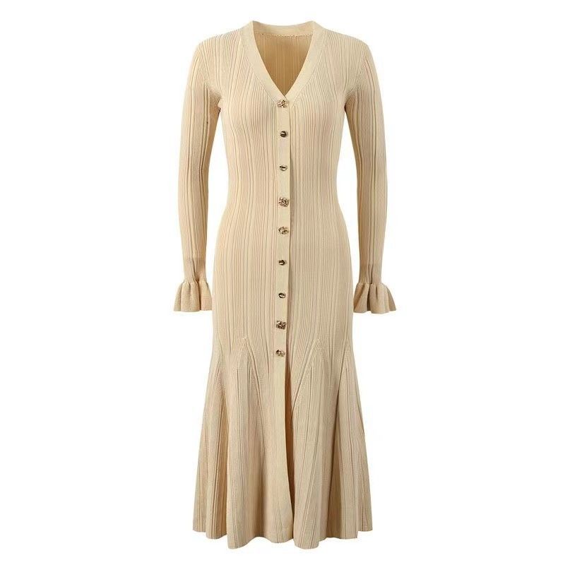 Gonna lunga in vita da donna Gonna monopetto con bottoni dorati e scollo a V in oro 2024 Gonna a maglia sottile nuova da donna autunno e inverno_voghion.com