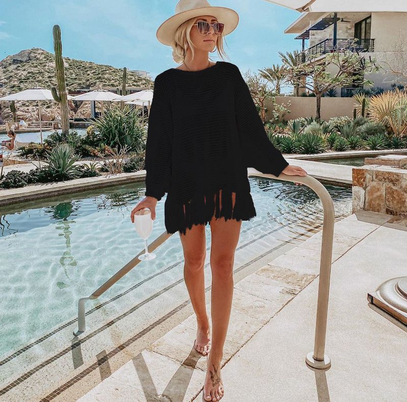 Women's Crochet Lace Fringe Beach Cover Up – Boho Chic Bikini Wrap, Lightweight Sun Protection Shirt, One Size Fits All_voghion.com