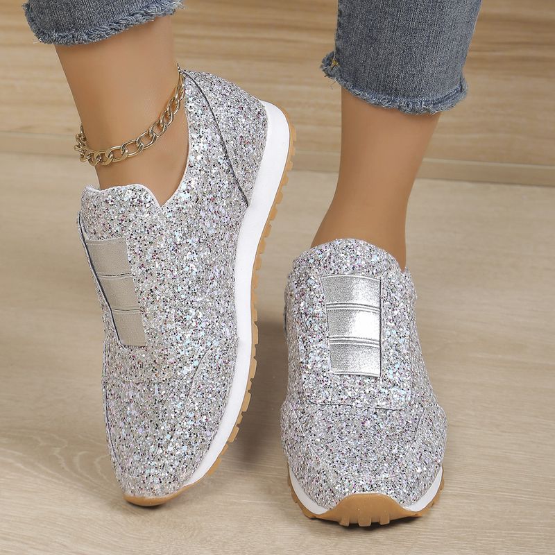 Women's single shoes sequin rhinestones elastic casual single shoes thick soled round head single shoes_voghion.com