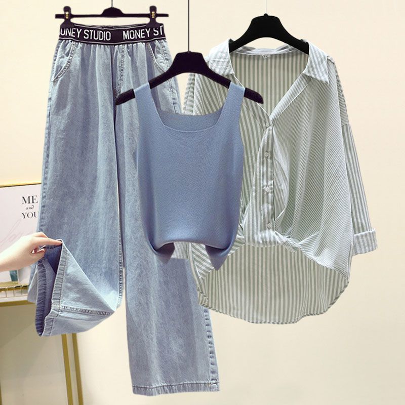 Damkläder Sommar Gatukläder Kändiskläder För Damer Stil Något Tjock Randig Skjorta Små Hängslen Vida Jeans Tredelad Kostym_voghion.com