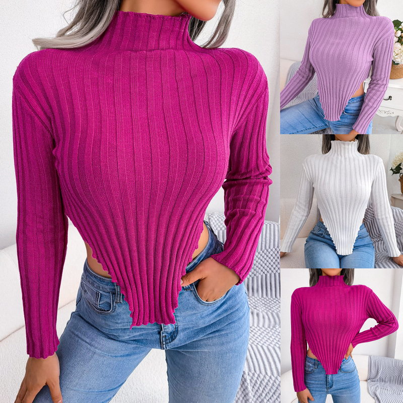 Maglione asimmetrico lavorato a maglia a maniche lunghe con collo alto sexy autunno e inverno 2025, abbigliamento da donna_voghion.com