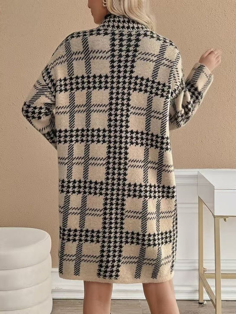 Chic Longline Houndstooth Cardigan – Oversized Open-Front Knit Wrap (Work To Weekend)_voghion.com