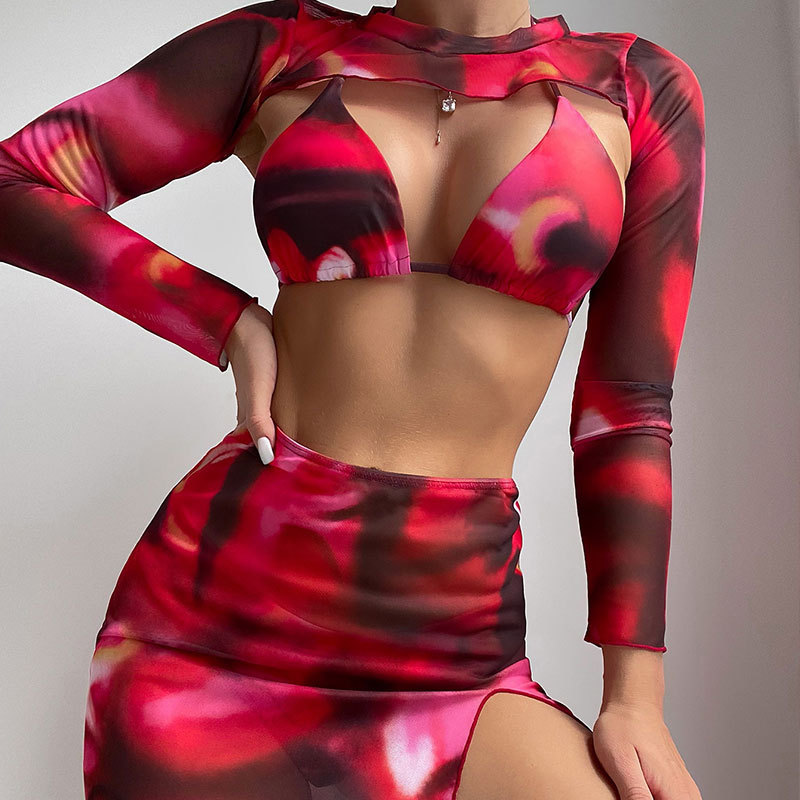 Printed Mesh Skirt Three Piece Bikini Swimwear New Long Sleeve Cover Up Sun Protection Beach Suit Swimwear_voghion.com