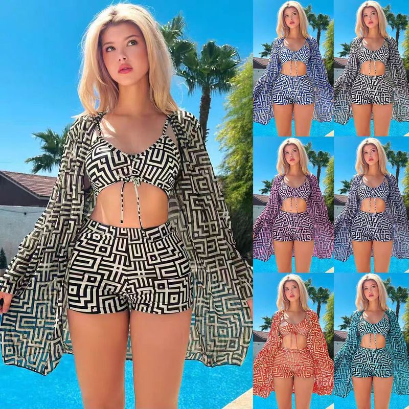 New Women's Two-Piece Swimsuit With Gathered Ruched Top And High-Waisted Swim Shorts Three-Piece Set_voghion.com
