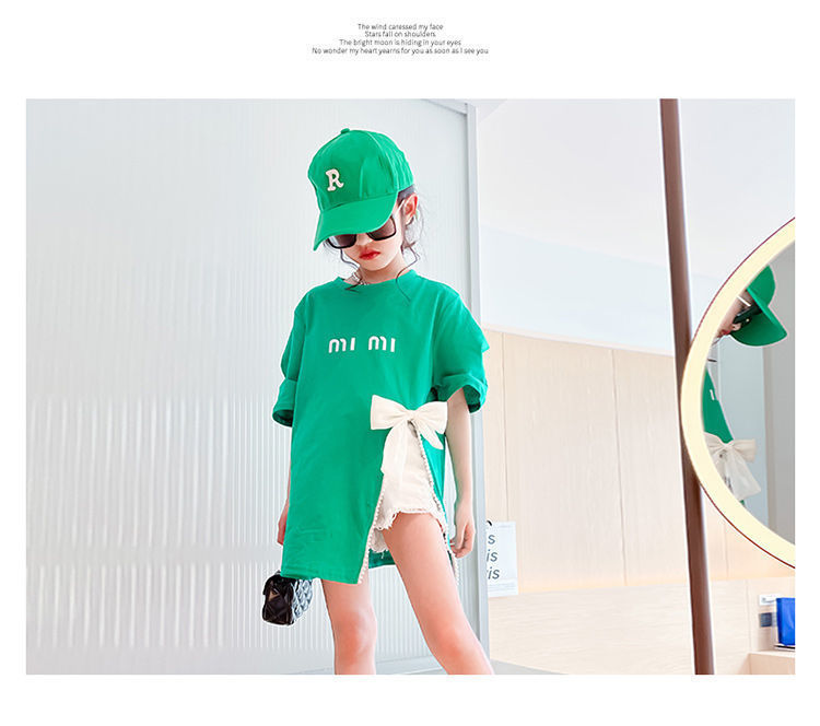 2024 Summer New Girl's Bow T-shirt length Split Korean Trendy Fashion Top Short sleeved Mid size Big Boy_voghion.com