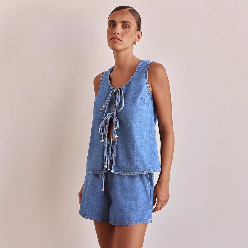 Women's Clothing Summer Fashion Casual Sleeveless Lace Up High Waist Women's Vest Denim Suit Shorts Women_voghion.com
