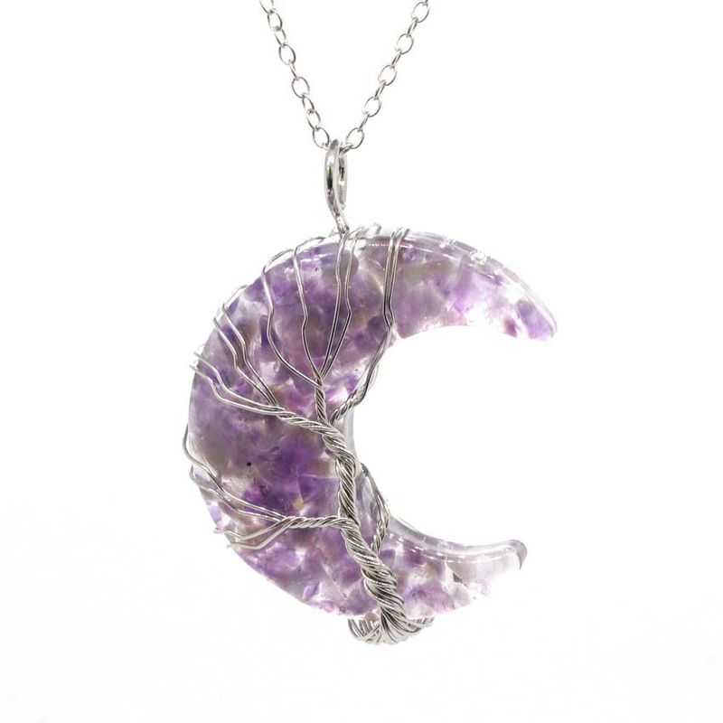 Collana con ciondolo a forma di mezzaluna, albero della vita, luna e ghiaia di cristallo naturale, resina e filo avvolto_voghion.com