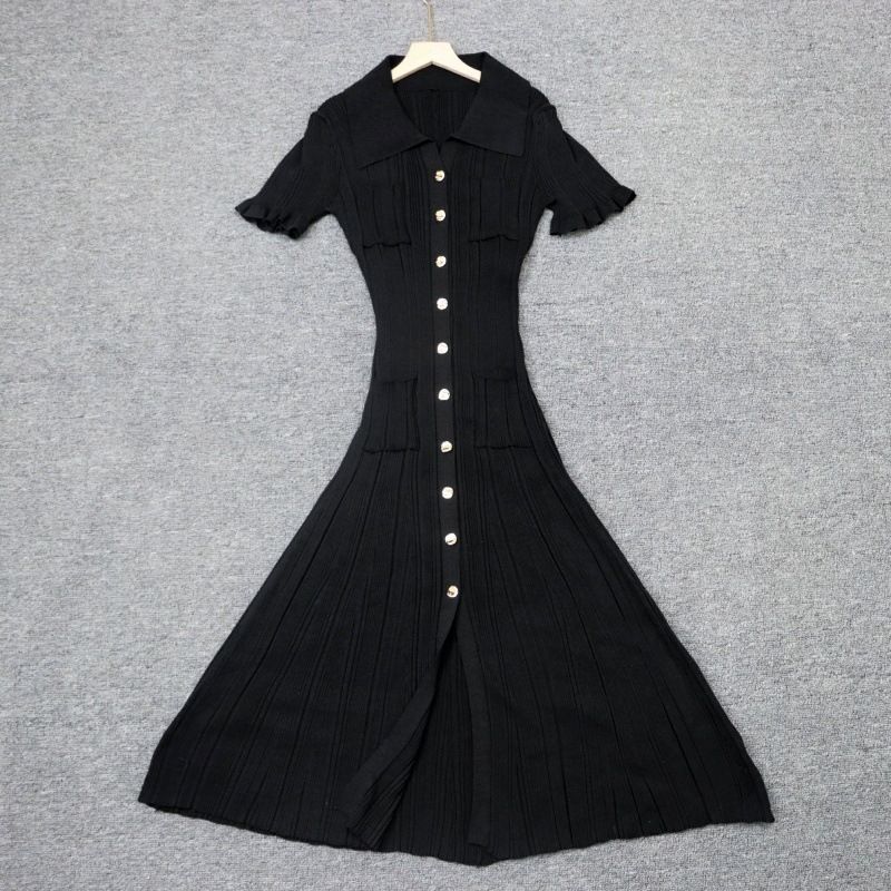 Abito midi aderente a vita alta ispirato a un abito in maglia con colletto svasato (S-XL, colori a tinta unita, scollo a balze, eleganza dall'ufficio alla cena)_voghion.com
