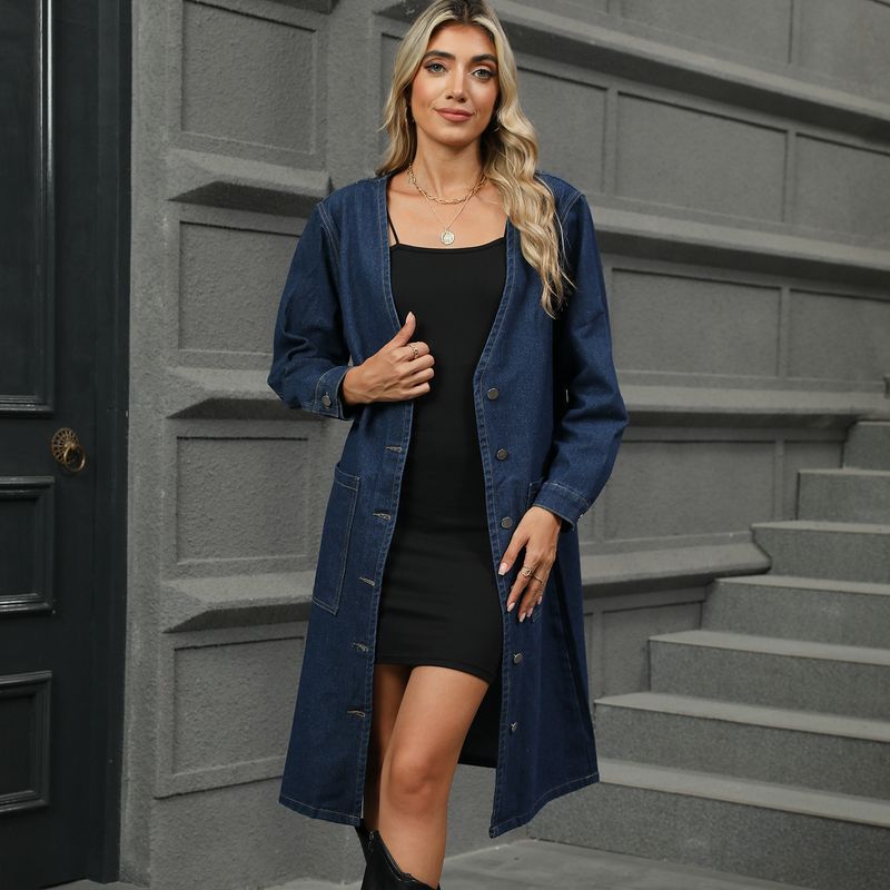 Casaco feminino jeans desgastado oversized - Jaqueta longa streetwear com decote em V e mangas compridas_voghion.com