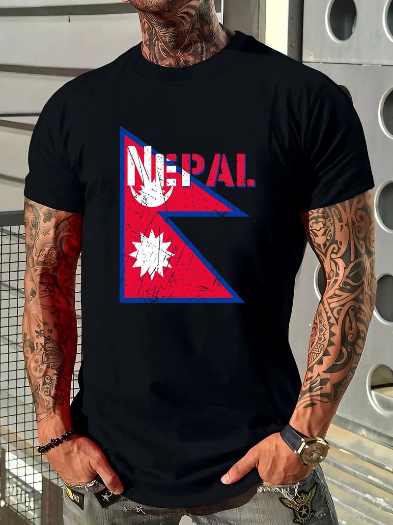 Maglietta con bandiera del Nepal, maglietta con mappa della città, Shah, Himalaya, sole e luna, unisex, estiva, elegante, versatile, elasticizzata, leggermente comoda, da uomo._voghion.com