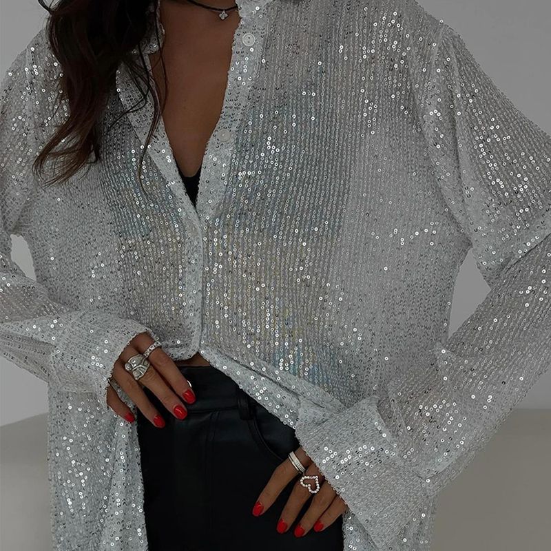 Abbigliamento da donna, camicia da donna a maniche lunghe, ampia e casual, con paillettes, tinta unita, alla moda_voghion.com