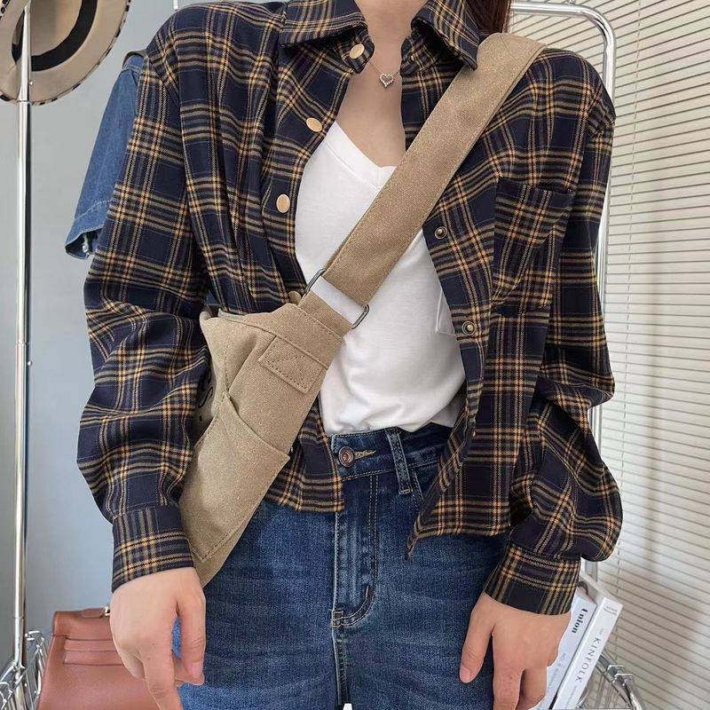 Corée du Sud Dongdaemun 2024 Printemps/Été Chemise Veste Femme Empilée Décontractée À Carreaux À Manches Longues Haut Court_voghion.com