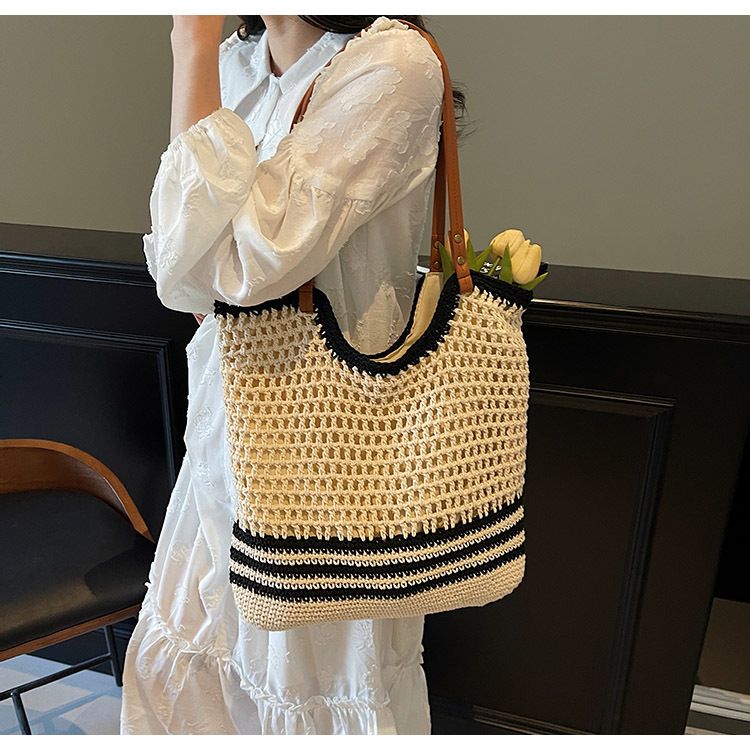 Borsa di paglia Borsa intrecciata Borsa di cotone intrecciata Borsa a tracolla a rete cava da donna Grande capacità Borsa da spiaggia per le vacanze al mare_voghion.com