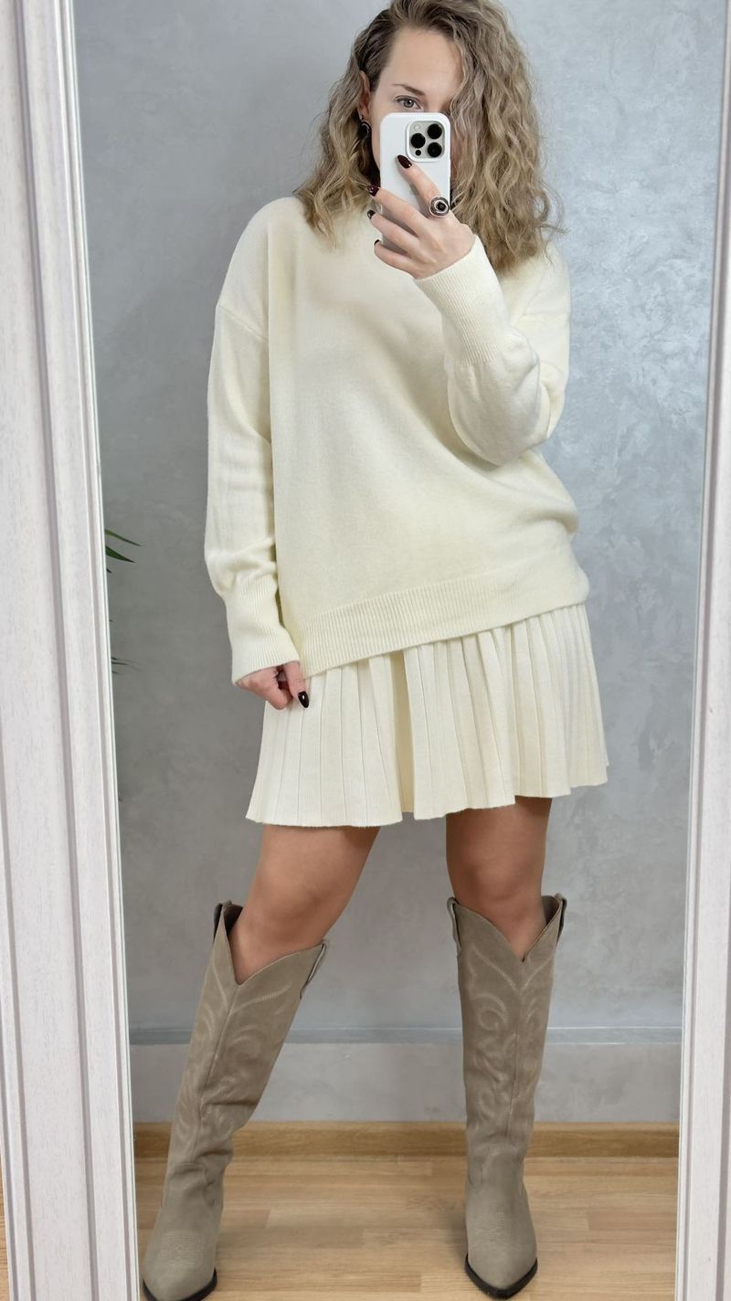 Women's Solid Color Round Neck Sweater With Pleated Skirt Set - Soft Knit Cozy Outfit For Fall Winter Casual Wear_voghion.com