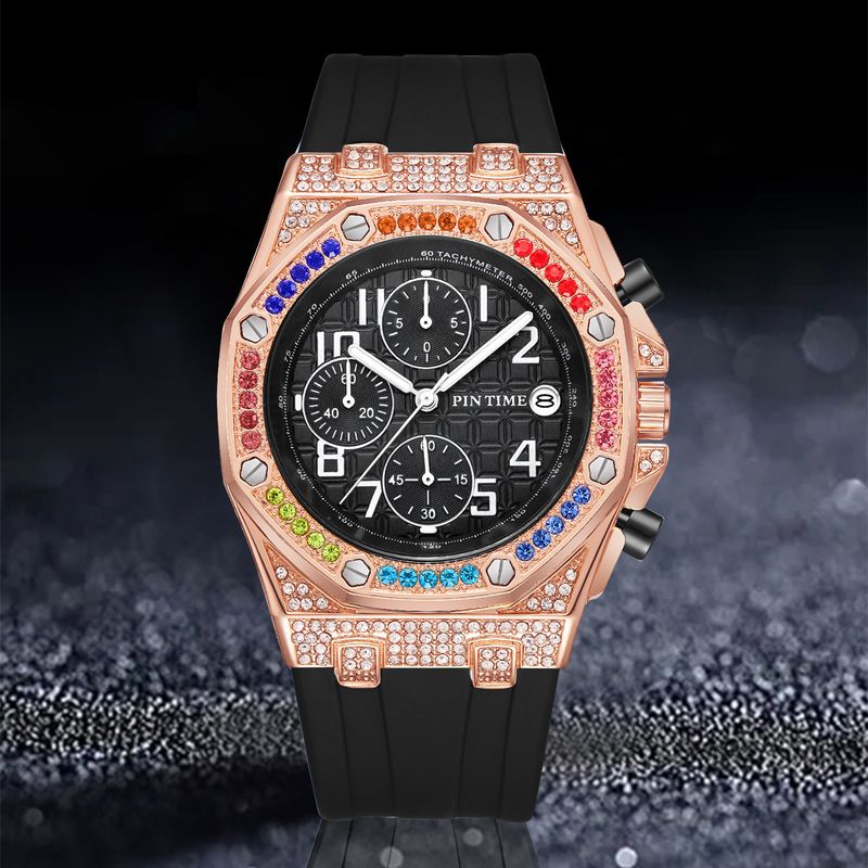 Luxuriöse Herrenuhr mit Diamantakzenten, Multifunktions-Chronograph, Datumsanzeige und 30 m Wasserdichtigkeit – Roségoldgehäuse und Silikonarmband_voghion.com