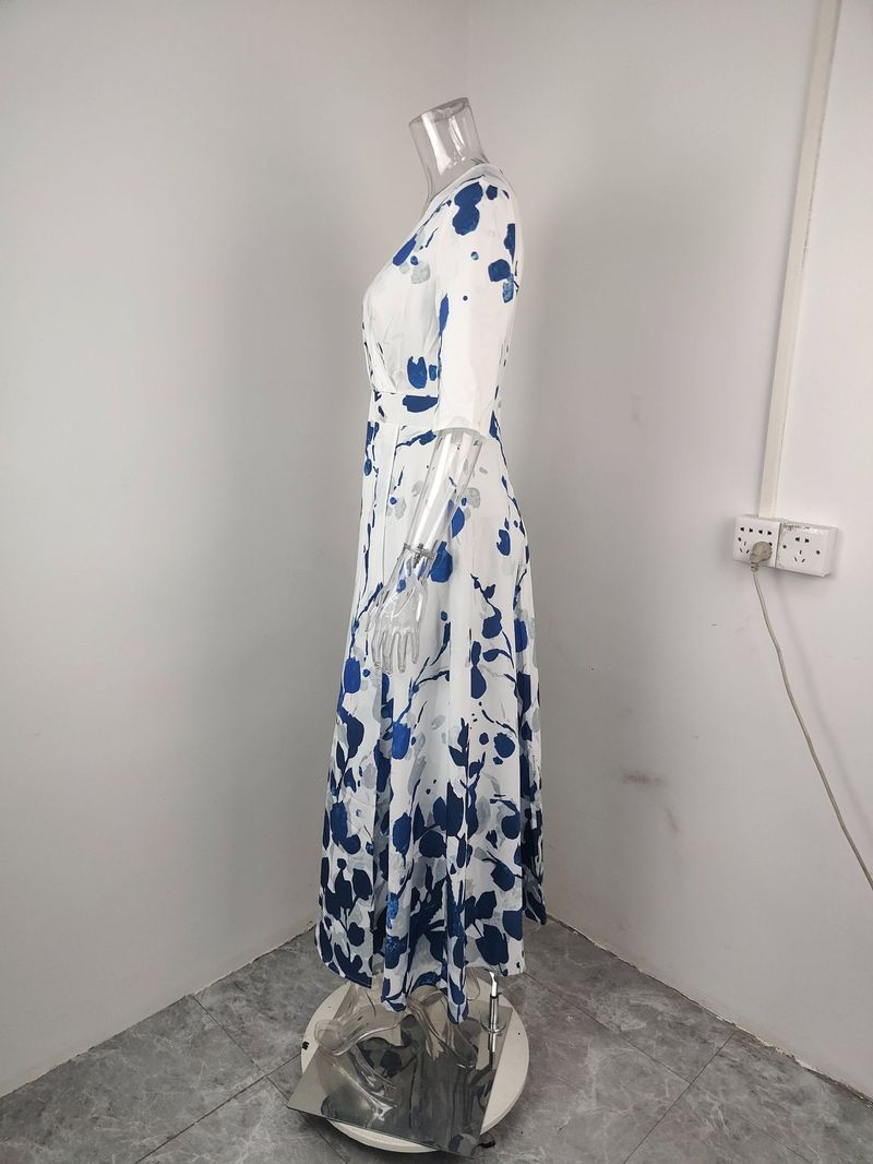 Abito a maniche lunghe con scollo a V stampato, vestibilità attillata, elegante e attillato, da donna, primavera 2025_voghion.com