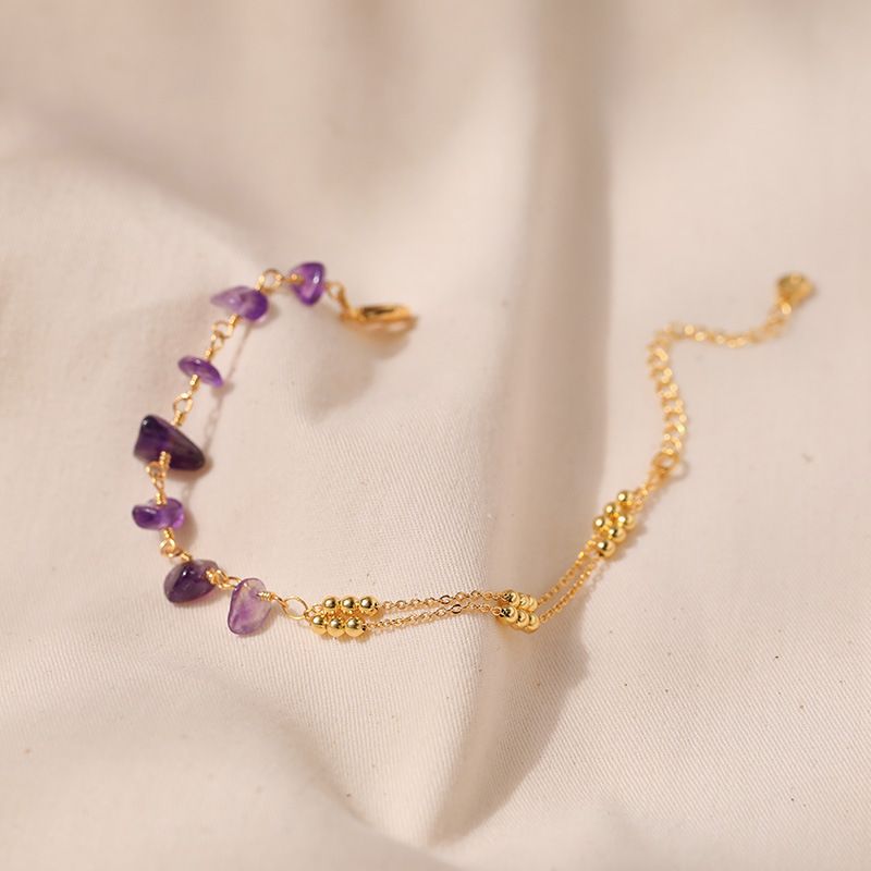 Contas de sorte com design de emenda de cascalho de cristal natural roxo corrente de bola K pulseira banhada a ouro real_voghion.com