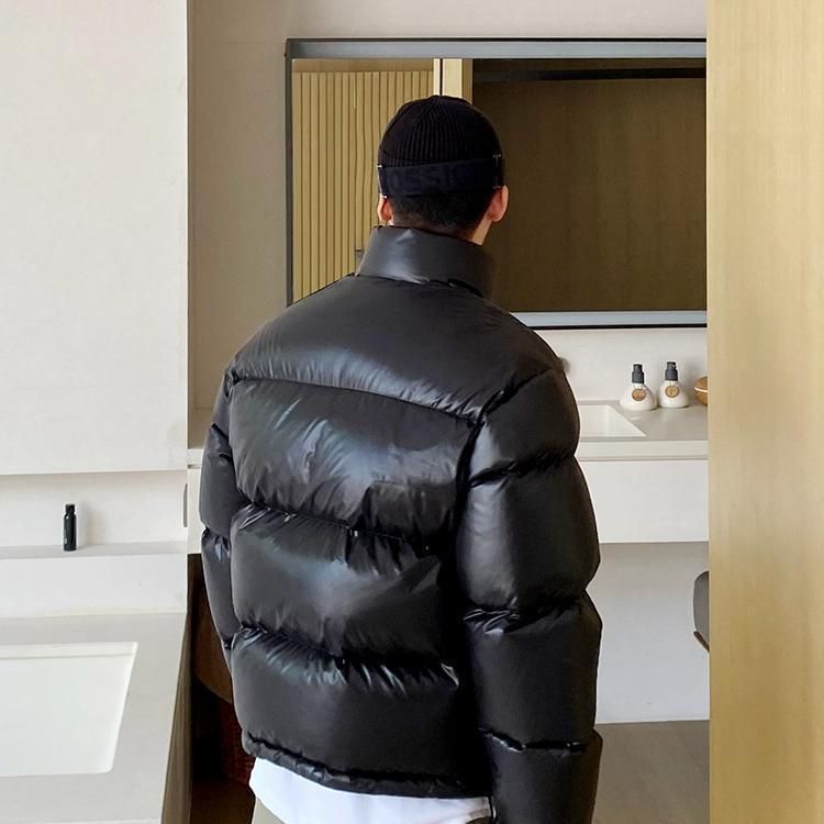 Men's Streetwear Short Puffer Jacket Winter Stand Collar Shiny Loose Fit Thickened Bomber Coat_voghion.com