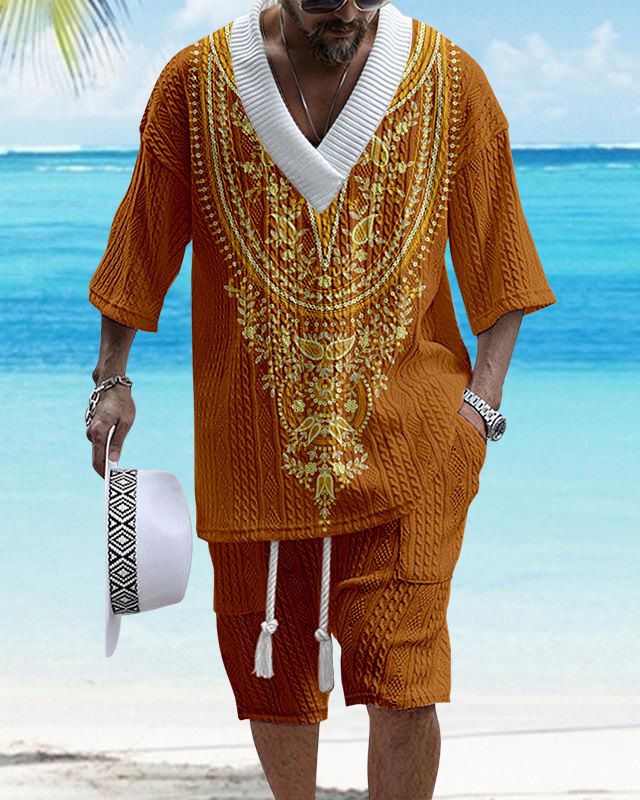 Completo da uomo con pantaloncini a maniche corte in maglia, di grandi dimensioni, con stampa a quadri e spalle cadenti_voghion.com