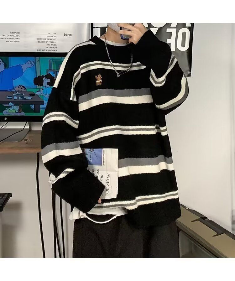 boy Boy Boy Boy Japanese Lazy For Men 2023 Spring And Autumn Striped Knitwear Hong Kong Style Loose Couple Sweater Jacket_voghion.com