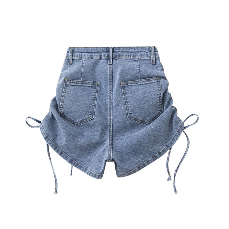 Drawstring tied high waisted elastic denim shorts for women's summer thin straight versatile slim fit wide leg hot pants_voghion.com