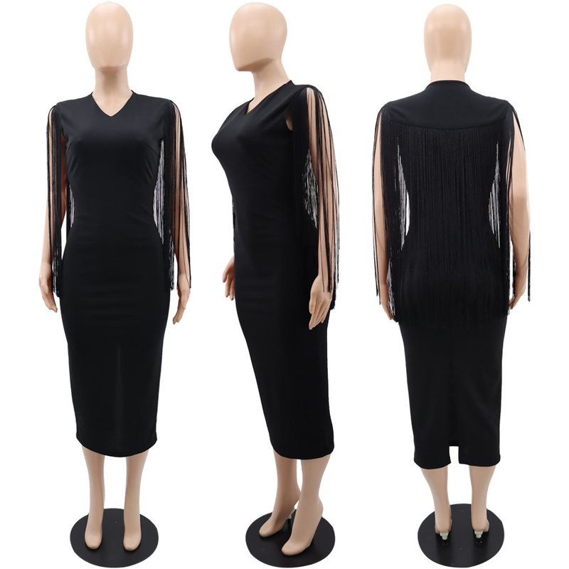 Women's fringe shawl temperament one-step slim-fit pencil dress_voghion.com